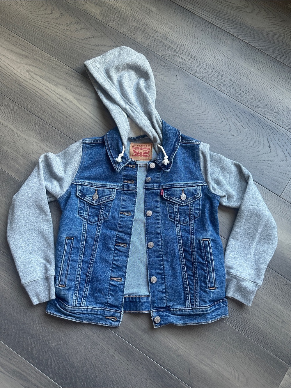 Women’s Levi's Blue Denim Jacket with Gray Hood & Sleeves Size Small